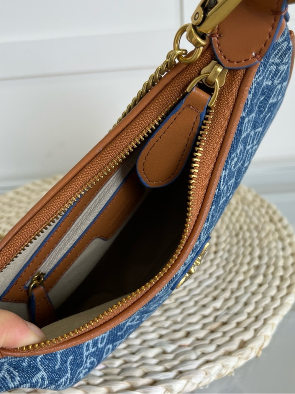 Pinko Blue Denim Logo Shoulder Bag with Brown Trim - Picture 6 of 9